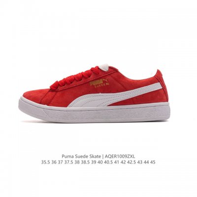 Puma彪马suede Xl Skate男女鞋复古休闲鞋运动厚底增高板鞋1整双鞋整体是亮色鞋身和大号logo以及白色鞋底。鞋身材质是绒面的看起来质感不错。烫金的