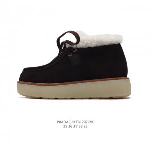 公司级 Prada 普拉达 雪地靴鞋口翻毛领！秋冬必备款｜独家实拍官方经典款秋冬羊皮毛一体加绒加厚雪地靴 皮革 舒适柔软时尚 耐磨增高保暖 低帮厚底增高百搭 运
