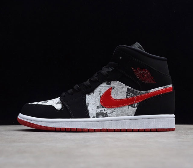 Air Jordan 1 Mid 涂鸦风格 报纸图案 黑红钩 852542-061 36 36.5 37.5 38 38.5 39 40 40.5 41 42