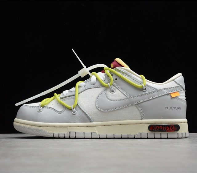 Off-White x Nike 全新联名 Dunk Low THE 50 系列 白灰 DM1602-122 这款配色以白灰皮革鞋身为基底 粉紫色鞋带 蓝色