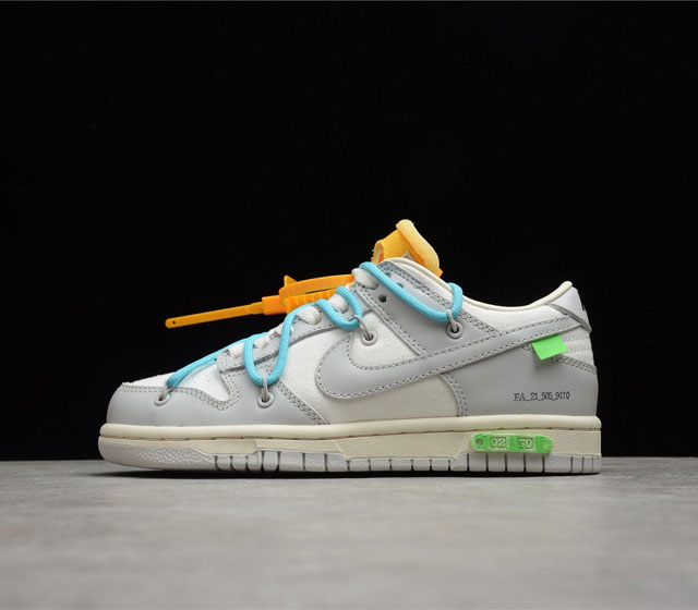 Off-White x NK 全新联名 Dunk Low THE 50 系列 灰白 NO.2 蓝鞋带黄扣 DM1602-115 尺码 36 36.5 37.5