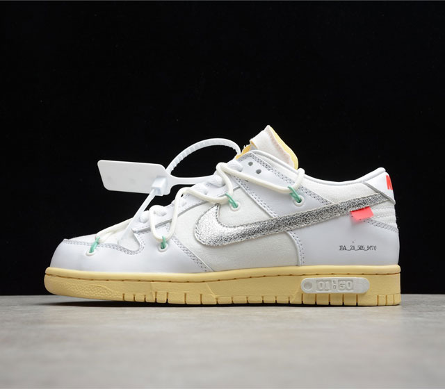 Off-White x NK 全新联名 Dunk Low THE 50 系列 白银 NO.1 白色鞋带白扣 DM1602-127 尺码 36 36.5 37.