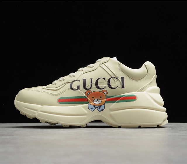 Guxcci Rhyton Vintage Trainer Sneaker 老爹5D皮革角状复古慢跑鞋 小熊 528892-DRW00-9522纯原级