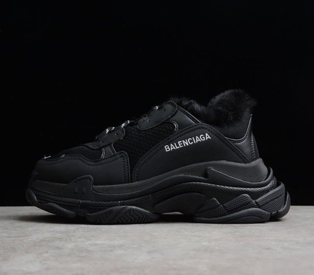 Balenciaga 巴黎世家 Triple S Sneaker 秋冬加绒 复古老爹鞋 黑色 668563-W3CQ5-1000 冬季新品 官方原配套鞋盒 鞋