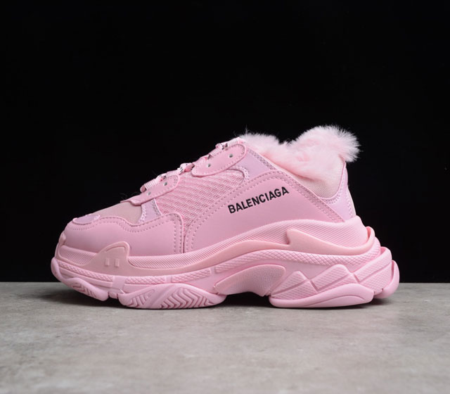 Balenciaga 巴黎世家 Triple S Sneaker 秋冬加绒 复古老爹鞋 粉红 668562-W3CQ5-5000 冬季新品 官方原配套鞋盒 鞋