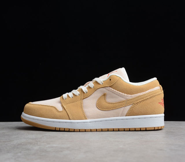 CJ版本 Air Jordan 1 Low AJ1 低帮 白黄灯芯绒 DH7820-700 面板上采用灯芯绒 采用白色调 并在其上布满线条 Tan绒面革装饰绒