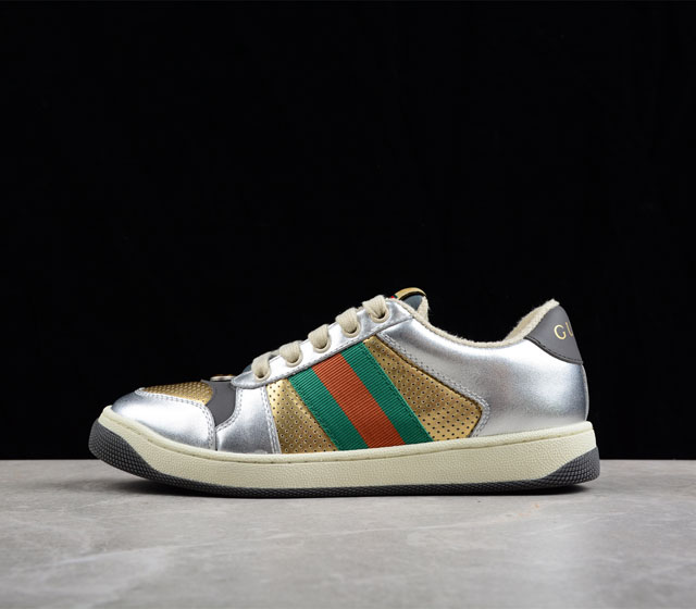 Gucci Distressed Screener sneaker 经典型原复古百搭做旧老板爹鞋 原版做旧 右脚鞋侧嵌入NFC防伪芯片装置 鞋盒标二唯码扫描