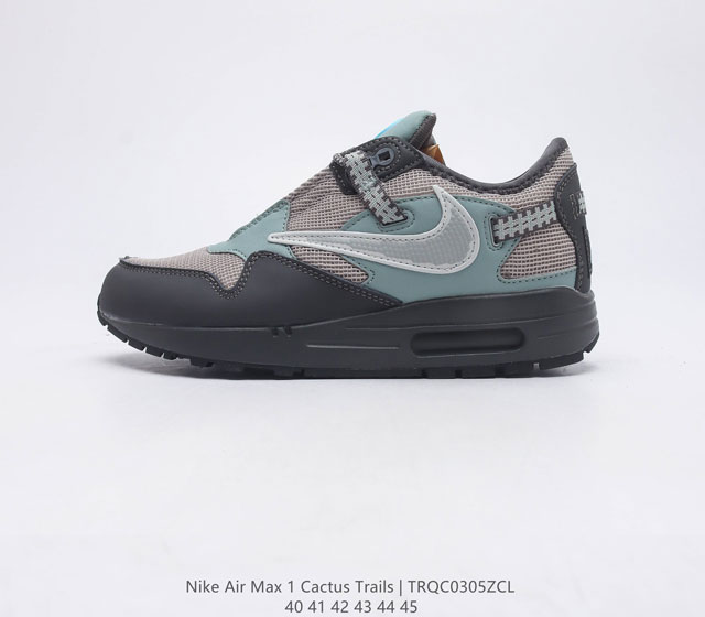 Travis Scott x Nike Air Max 1 Cactus Jack TS联名 鞋款采用浅灰蓝色及灰色打造鞋面 在鞋款前后部分皆包裹有护边 鞋侧