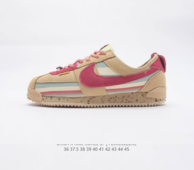 真标 Union x Nike Cortez 重磅联名整体延续 Nike Cortez 传统的 阿甘鞋 造型 鞋面采用麂皮打造搭配鞋侧特殊的彩色编织材质 层次