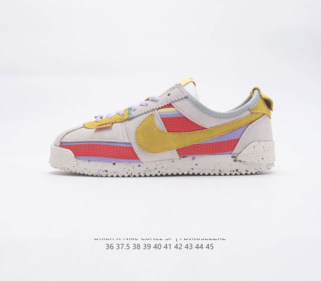 真标 Union x Nike Cortez 重磅联名整体延续 Nike Cortez 传统的 阿甘鞋 造型 鞋面采用麂皮打造搭配鞋侧特殊的彩色编织材质 层次