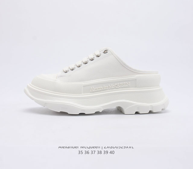 意大利高奢品牌-亚历山大 麦昆 Alexander McQueen sole sneakers 低帮时装厚底显高百搭休闲松糕鞋 女式厚底增高包头半拖帆布鞋 新