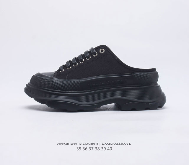 意大利高奢品牌-亚历山大 麦昆 Alexander McQueen sole sneakers 低帮时装厚底显高百搭休闲松糕鞋 女式厚底增高包头半拖帆布鞋 新