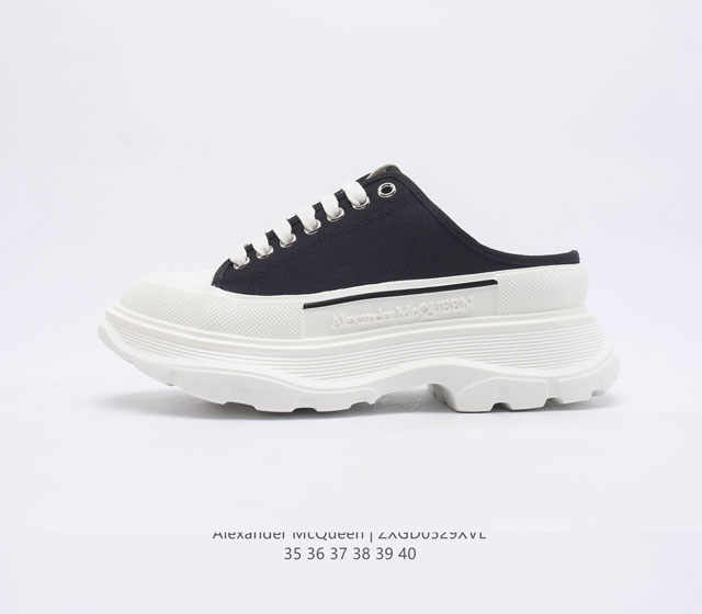 意大利高奢品牌-亚历山大 麦昆 Alexander McQueen sole sneakers 低帮时装厚底显高百搭休闲松糕鞋 女式厚底增高包头半拖帆布鞋 新