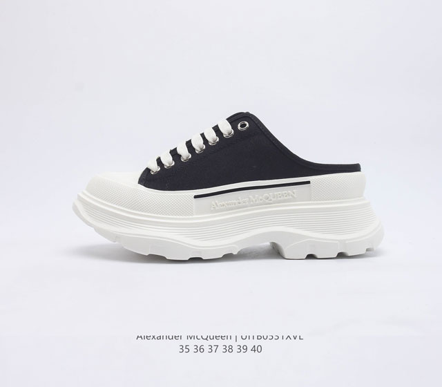 意大利高奢品牌-亚历山大 麦昆 Alexander McQueen sole sneakers 低帮时装厚底显高百搭休闲松糕鞋 女式厚底增高包头半拖帆布鞋 新