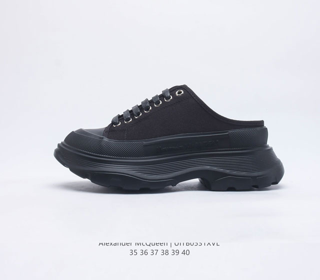 意大利高奢品牌-亚历山大 麦昆 Alexander McQueen sole sneakers 低帮时装厚底显高百搭休闲松糕鞋 女式厚底增高包头半拖帆布鞋 新