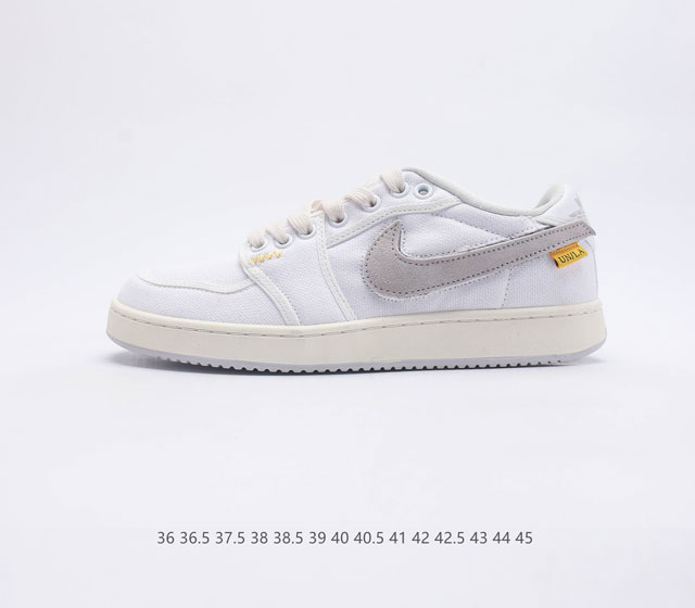 Nike全新的Union x Air Jordan 1 KO Low鞋款 均已大面积白色为主色调呈现 材质方面分别采用帆布 皮革覆盖 侧面的Swoosh采用了