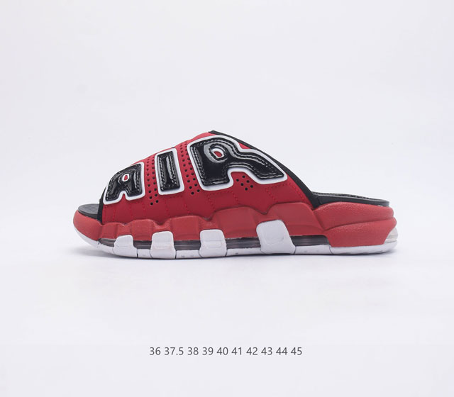 耐克 NIKE AIR MORE Uptempo Slide 皮蓬拖鞋 以流行于街头的涂鸦文化为设计灵感 整体的设计风格夸张而充满魅力 厚实而充满质感的皮质鞋