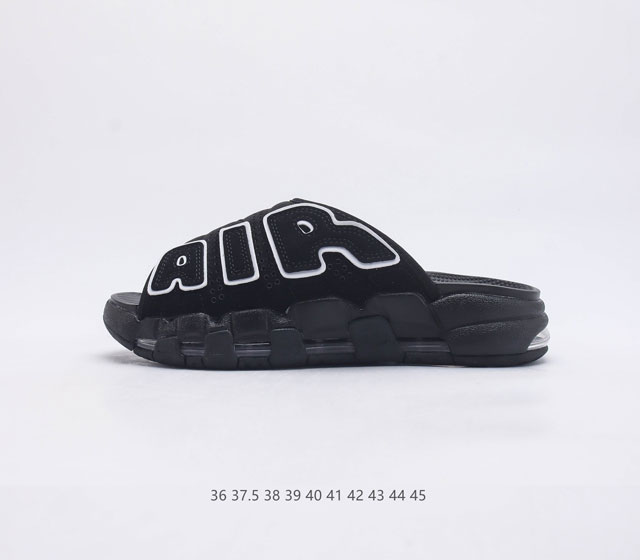 耐克 NIKE AIR MORE Uptempo Slide 皮蓬拖鞋 以流行于街头的涂鸦文化为设计灵感 整体的设计风格夸张而充满魅力 厚实而充满质感的皮质鞋