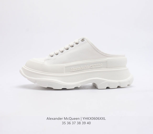 意大利高奢品牌-亚历山大 麦昆 Alexander McQueen sole sneakers 低帮时装厚底显高百搭休闲松糕鞋 女式厚底增高包头半拖帆布鞋 新