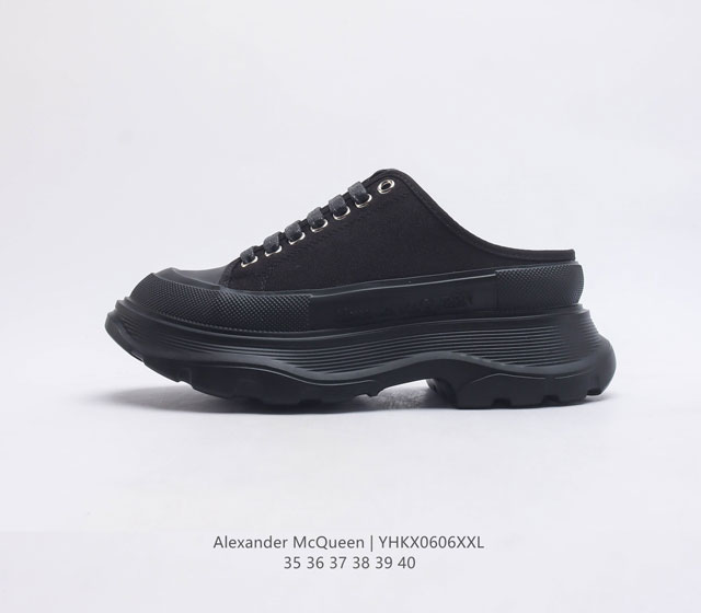 意大利高奢品牌-亚历山大 麦昆 Alexander McQueen sole sneakers 低帮时装厚底显高百搭休闲松糕鞋 女式厚底增高包头半拖帆布鞋 新