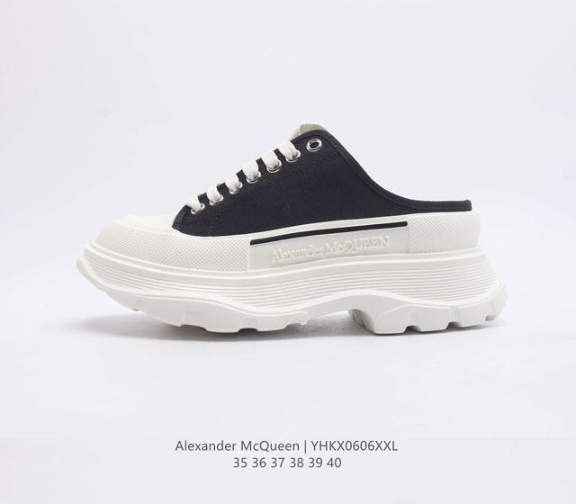 意大利高奢品牌-亚历山大 麦昆 Alexander McQueen sole sneakers 低帮时装厚底显高百搭休闲松糕鞋 女式厚底增高包头半拖帆布鞋 新