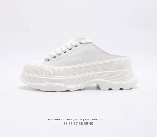 意大利高奢品牌-亚历山大 麦昆 Alexander McQueen sole sneakers 低帮时装厚底显高百搭休闲松糕鞋 女式厚底增高包头半拖帆布鞋 新