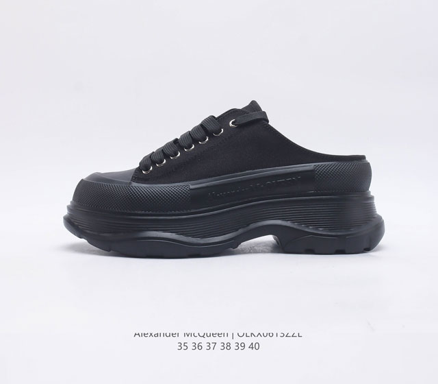 意大利高奢品牌-亚历山大 麦昆 Alexander McQueen sole sneakers 低帮时装厚底显高百搭休闲松糕鞋 女式厚底增高包头半拖帆布鞋 新