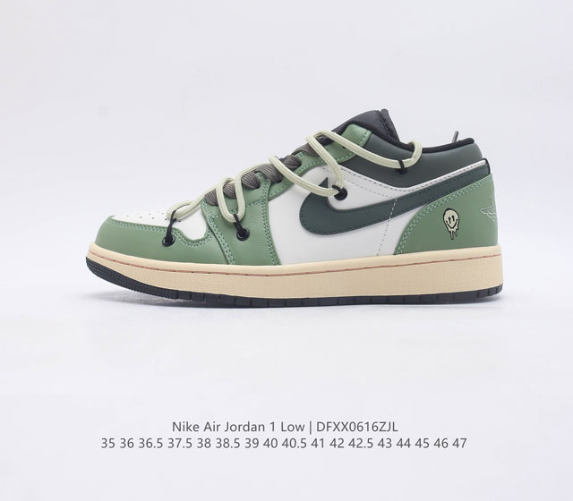 公司级Nike Air Jordan 1 Low 绑绳 Off-White解构风定制 白绿灰 AJ1乔1低帮休闲板鞋 同步官方配色 市场唯一独家头层皮打造