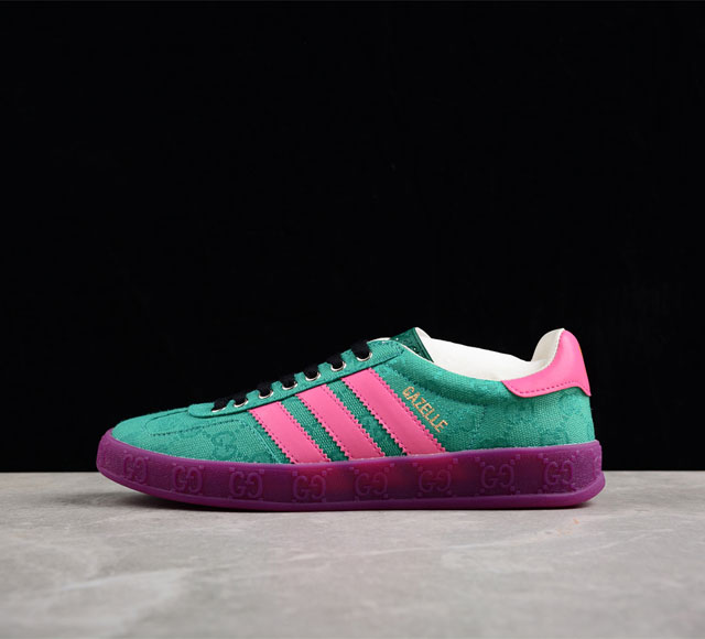 Adidas Originals Gazelle Esquisite Gucci 羚羊系列低帮复古百搭休闲运动板鞋 GG提花布浅绿粉果冻紫 737967 FA