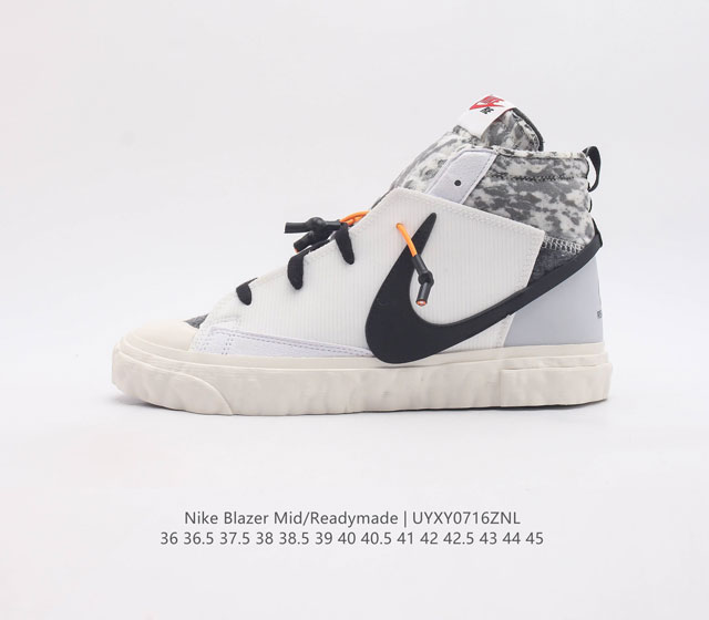 公司级readymade X Nk Blazer Mid 重磅联名 整体的改造方式十分大胆且粗狂 鞋子的除了鞋身解构的修改之外 再就是标示性比较强的 三勾