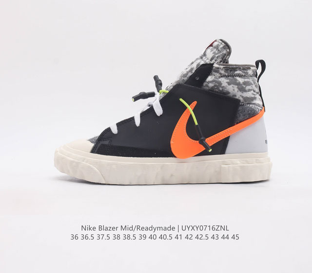 公司级readymade X Nk Blazer Mid 重磅联名 整体的改造方式十分大胆且粗狂 鞋子的除了鞋身解构的修改之外 再就是标示性比较强的 三勾