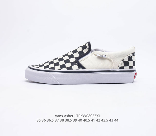 Vans Asher 范斯官方 黑白棋盘格子一脚蹬复古低帮帆布休闲鞋 货号 VN000SEQIPD尺码 35 36 36.5 37 38 38.5 39 40