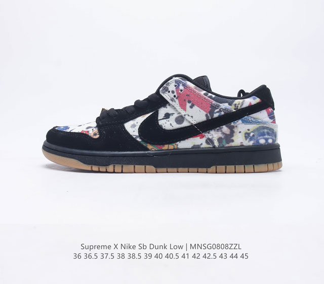 Supreme x Nike SB Dunk 重磅联名鞋款是Supreme 与 Rammellzee 合作的延伸 因此大面积的艺术风格印花为SB Dunk打下了