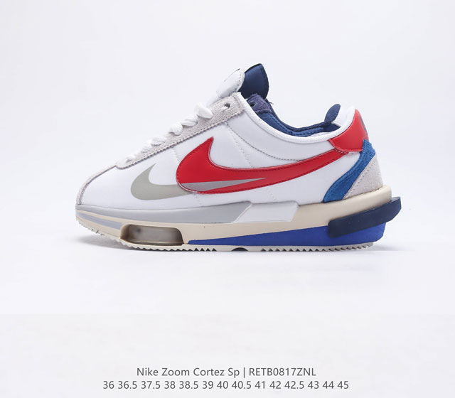 耐克 Nike Air Zoom Cortez SP 系列改良阿甘低帮解构厚底休闲运动慢跑鞋经典阿甘男女士跑鞋诞生50 周年纪念款 厚实牛津布组合翻毛皮革鞋面材