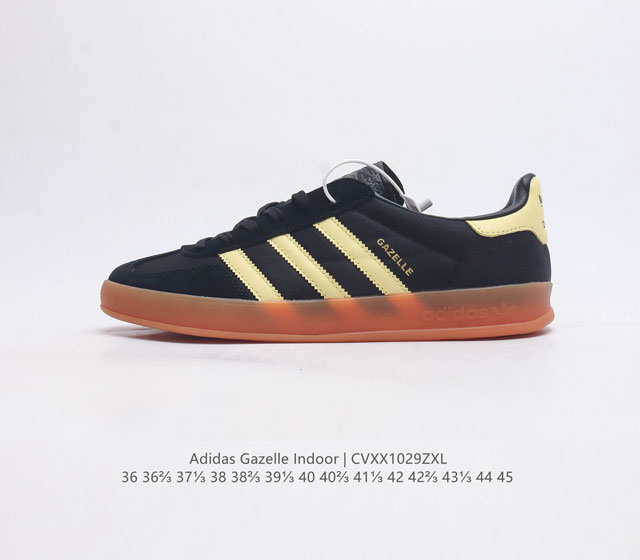 Adidas Originals Gazelle Indoor 三叶草复古休闲防滑耐磨低帮板鞋 鞋款采用柔软的绒面革和耐用的皮革衬里融合在橡胶外底上 具有半透明