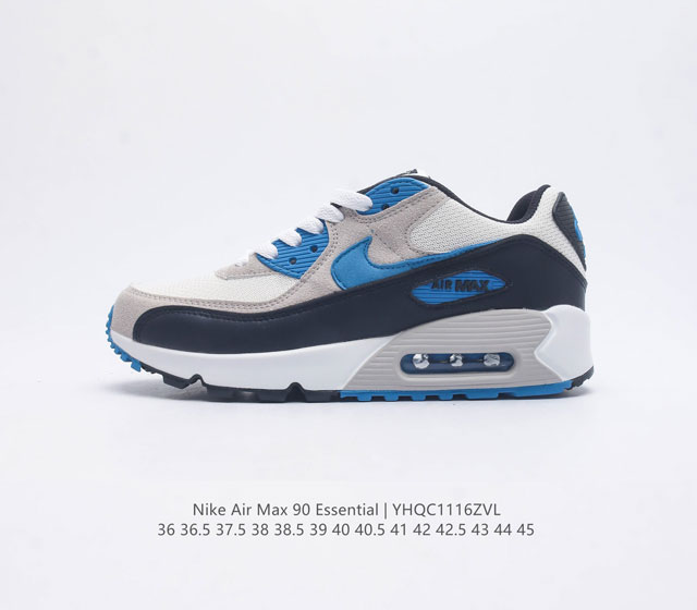 耐克 Nike Air Max 90 Essential 运动鞋气垫缓震跑步鞋 秉承该系列非凡缓震性能 缔造出众舒适穿着感与高级牛剖层革 人造革与织物组合鞋面