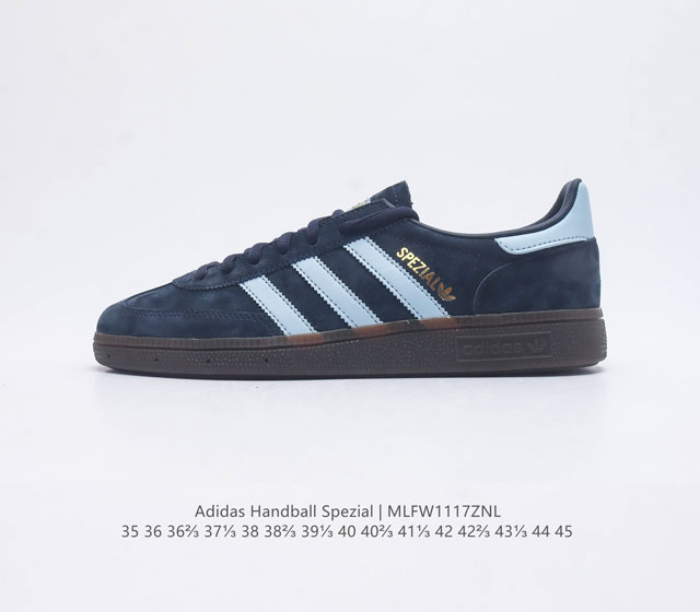 阿迪达斯 Adidas Handball Spezial 三叶草学院风复古休闲板鞋 橡胶底柔软绒面革经典运动鞋男女士鞋 圆头 缝合拼接设计 正面绑带 鞋舌部位附