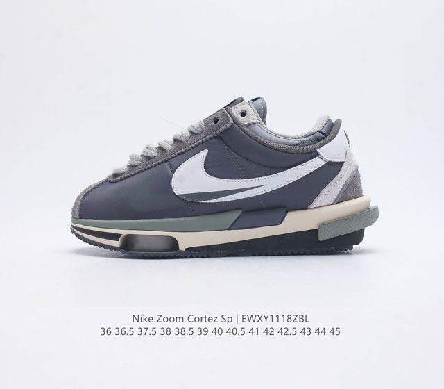 公司级 耐克 Nike Air Zoom Cortez Sp 系列改良阿甘低帮解构厚底休闲运动慢跑鞋经典阿甘男女士跑鞋 诞生50 周年纪念款 厚实牛津布组合翻毛