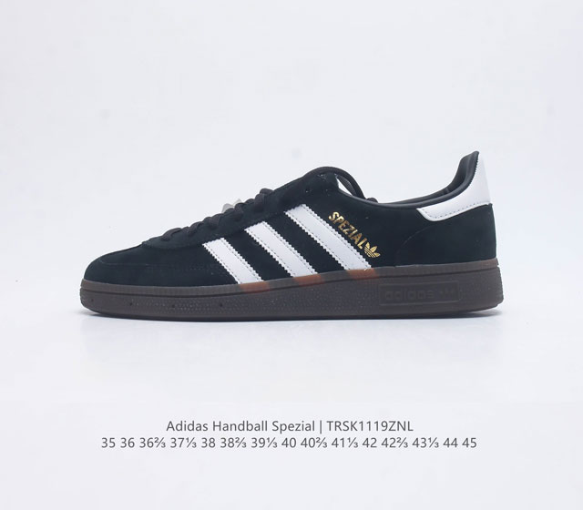 阿迪达斯 Adidas Handball Spezial 三叶草学院风复古休闲板鞋 橡胶底柔软绒面革经典运动鞋男女士鞋 圆头 缝合拼接设计 正面绑带 鞋舌部位附