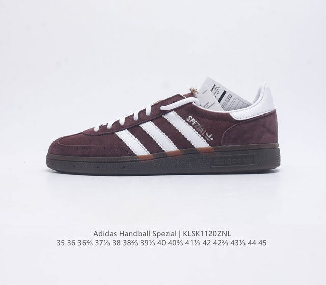 公司级 阿迪达斯 Adidas Handball Spezial 三叶草学院风复古休闲板鞋 橡胶底柔软绒面革经典运动鞋男女士鞋 圆头 缝合拼接设计 正面绑带 鞋