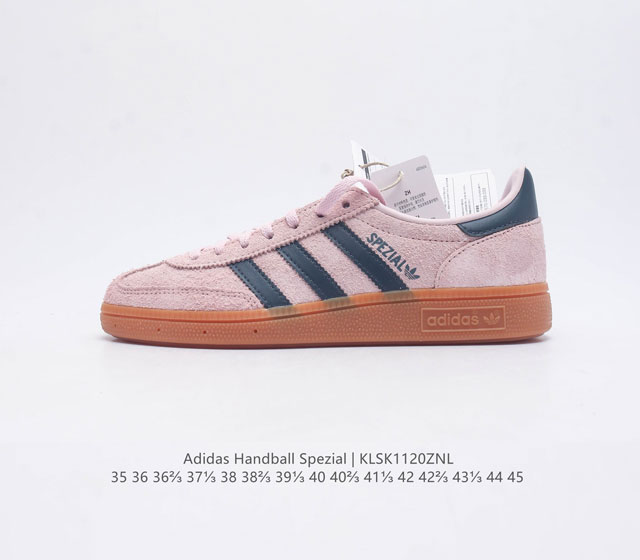 公司级 阿迪达斯 Adidas Handball Spezial 三叶草学院风复古休闲板鞋 橡胶底柔软绒面革经典运动鞋男女士鞋 圆头 缝合拼接设计 正面绑带 鞋