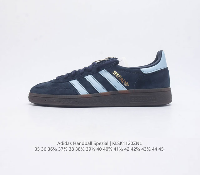 公司级 阿迪达斯 Adidas Handball Spezial 三叶草学院风复古休闲板鞋 橡胶底柔软绒面革经典运动鞋男女士鞋 圆头 缝合拼接设计 正面绑带 鞋