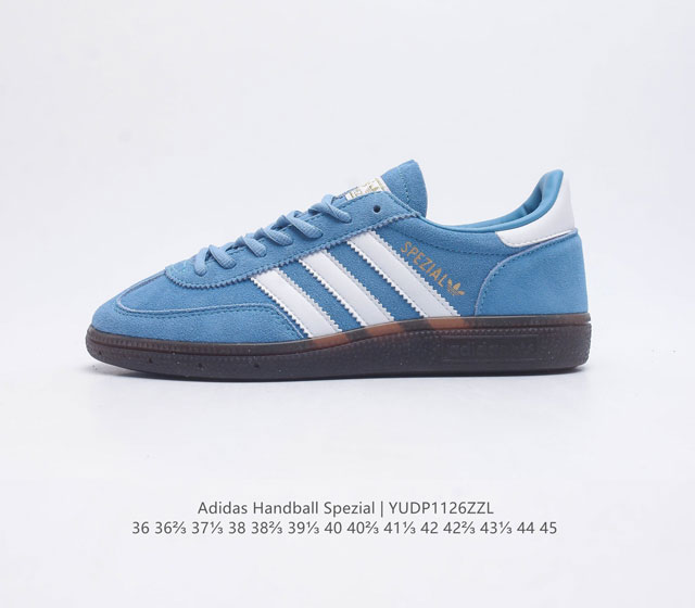 阿迪达斯 Adidas Handball Spezial 三叶草学院风复古休闲板鞋 橡胶底柔软皮革经典运动鞋男女士鞋 圆头 缝合拼接设计 正面绑带 鞋舌部位附有