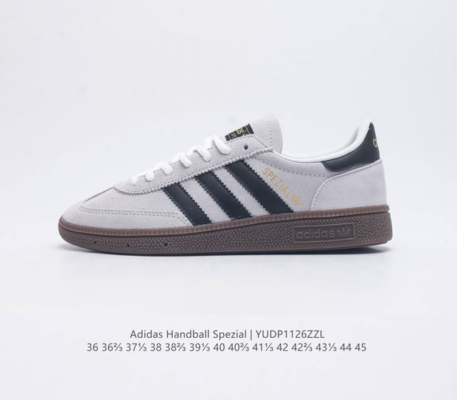 阿迪达斯 Adidas Handball Spezial 三叶草学院风复古休闲板鞋 橡胶底柔软皮革经典运动鞋男女士鞋 圆头 缝合拼接设计 正面绑带 鞋舌部位附有