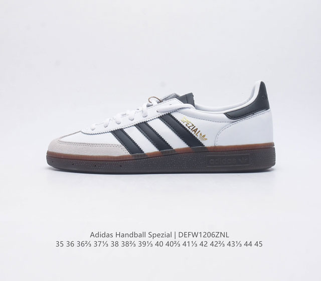 阿迪达斯 Adidas Handball Spezial 三叶草学院风复古休闲板鞋 德训鞋 橡胶底柔软皮革经典运动鞋男女士鞋 圆头 缝合拼接设计 正面绑带 鞋舌