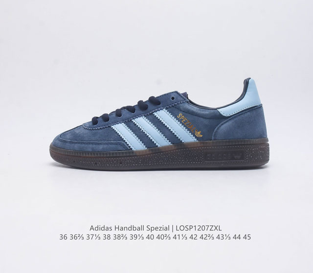 阿迪达斯 Adidas Handball Spezial 三叶草学院风复古休闲板鞋 德训鞋 橡胶底柔软皮革经典运动鞋男女士鞋 圆头 缝合拼接设计 正面绑带 鞋舌