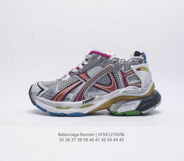 巴黎世家 Balenciaga 巴黎世家runner老爹鞋舒适运动慢跑鞋 不含皮运动鞋 网布材质 磨损效果 鞋头边缘印有尺码 背面浮印尺码 外侧印有跑者徽标 鞋