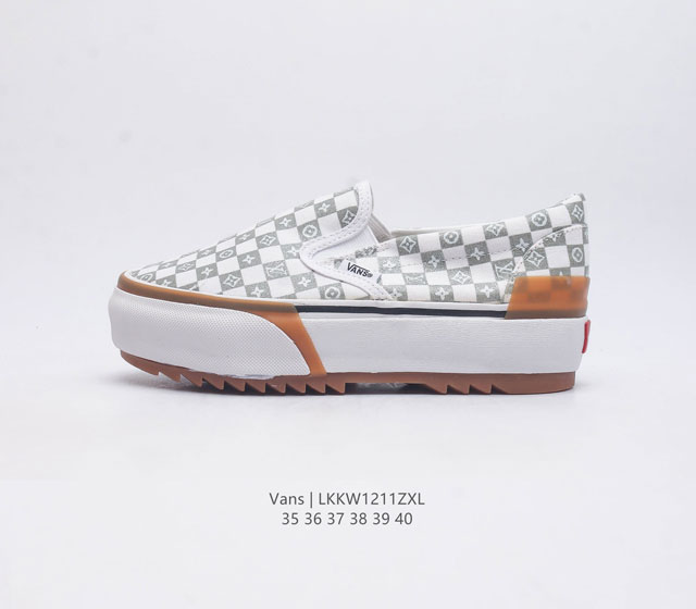 Vans X Louis Vuitton 路易威登 高端联名低帮复古厚底增高硫化板鞋 女士休闲运动鞋 老花满印鞋面 锯齿防滑大底 潮流帆布鞋 尺码 35-40