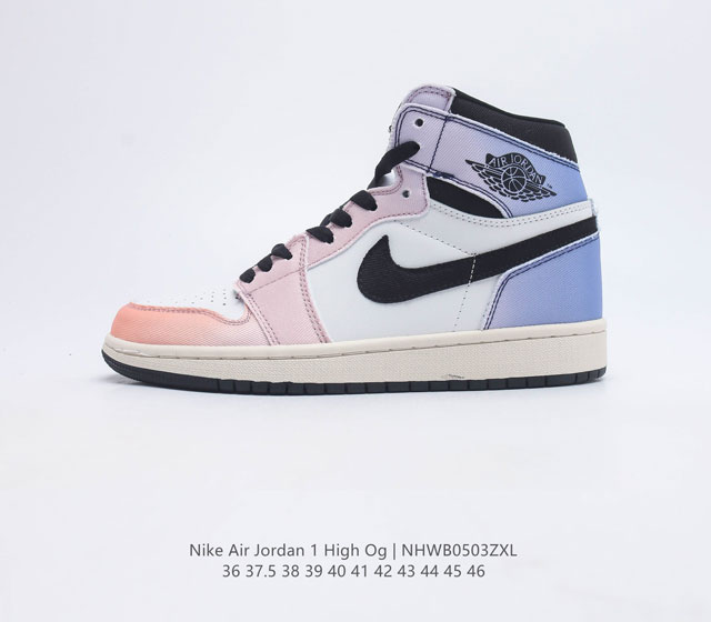 Air Jordan 1 High 0G Craft Aj1高帮 复古篮球鞋天际线 白紫渐变色 穿着鲜艳的橙色 黑色 冰丁香 真蓝和风帆配色方案 此款air J