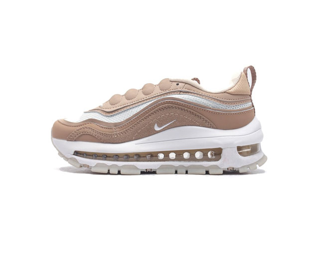 Nike 耐克 Nike Air Max 97 Futura 气垫缓震跑步鞋 厚底增高百搭运动鞋 以织物材料以及麂皮材质搭配而成 鞋侧的走线部分做了一个解构的处